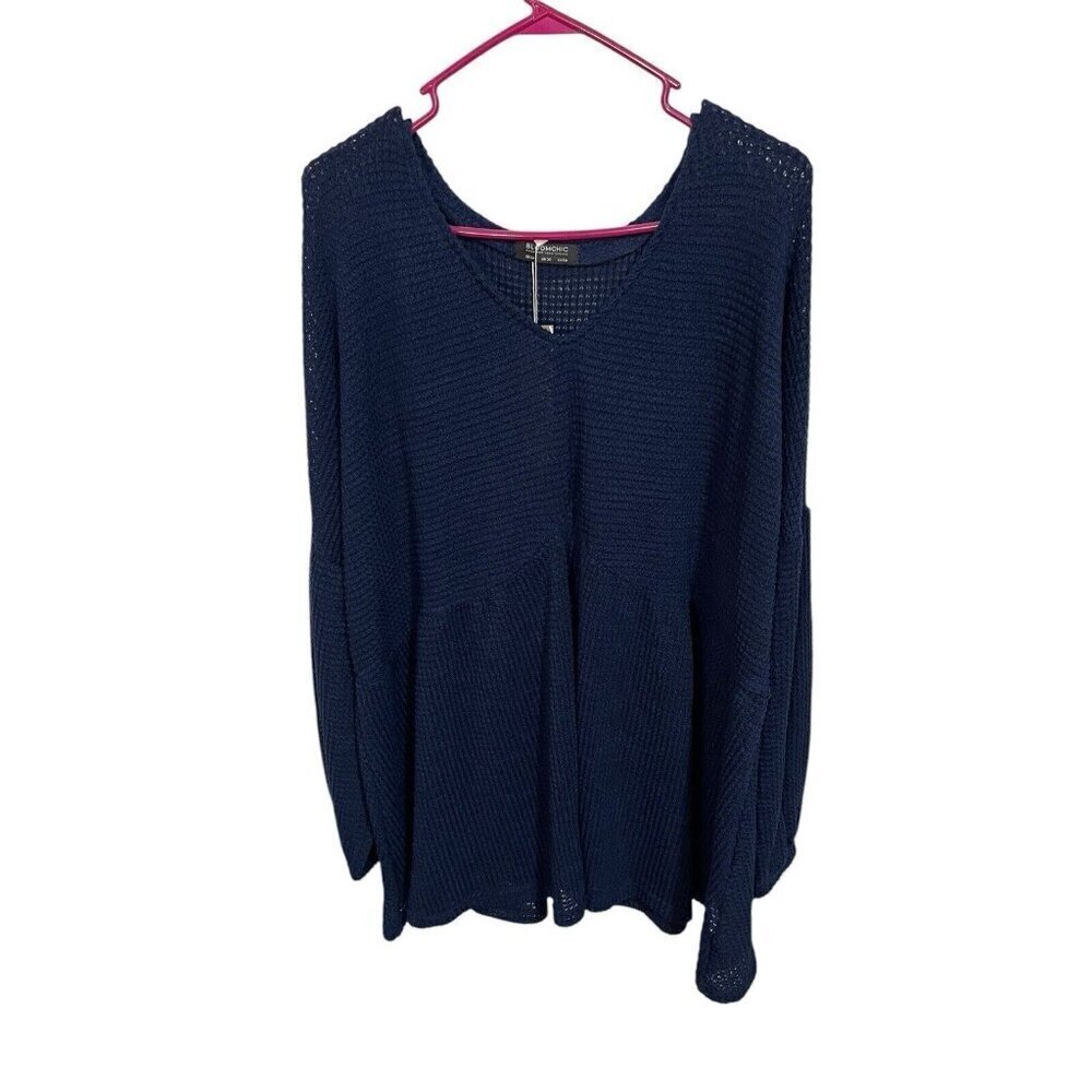 NWT bloomchic 26 Waffle Knit Lantern Sleeve Flutter Hem Sweatshirt Dark Blue